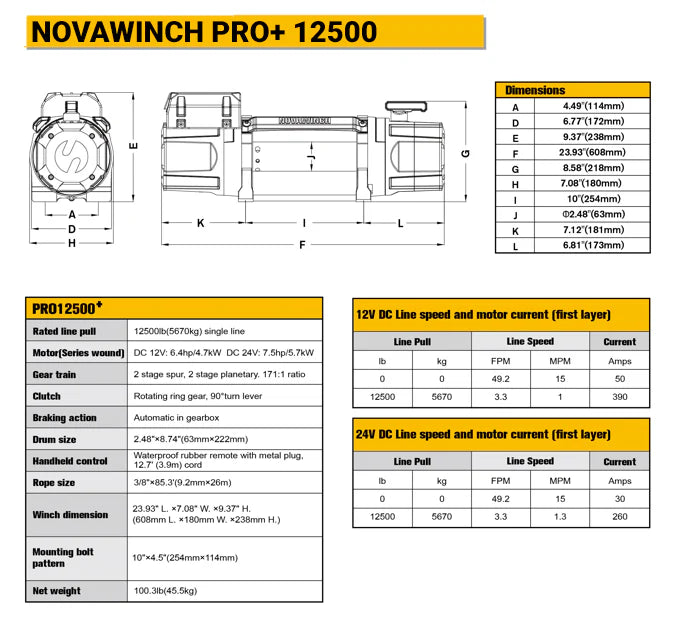 Novawinch PRO+ Series Electric Winch - 12,500lb 12 volt Foot Down